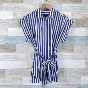 J Crew Button Front Tie Waist Shirt Blue White Stripe Cotton Womens Medium